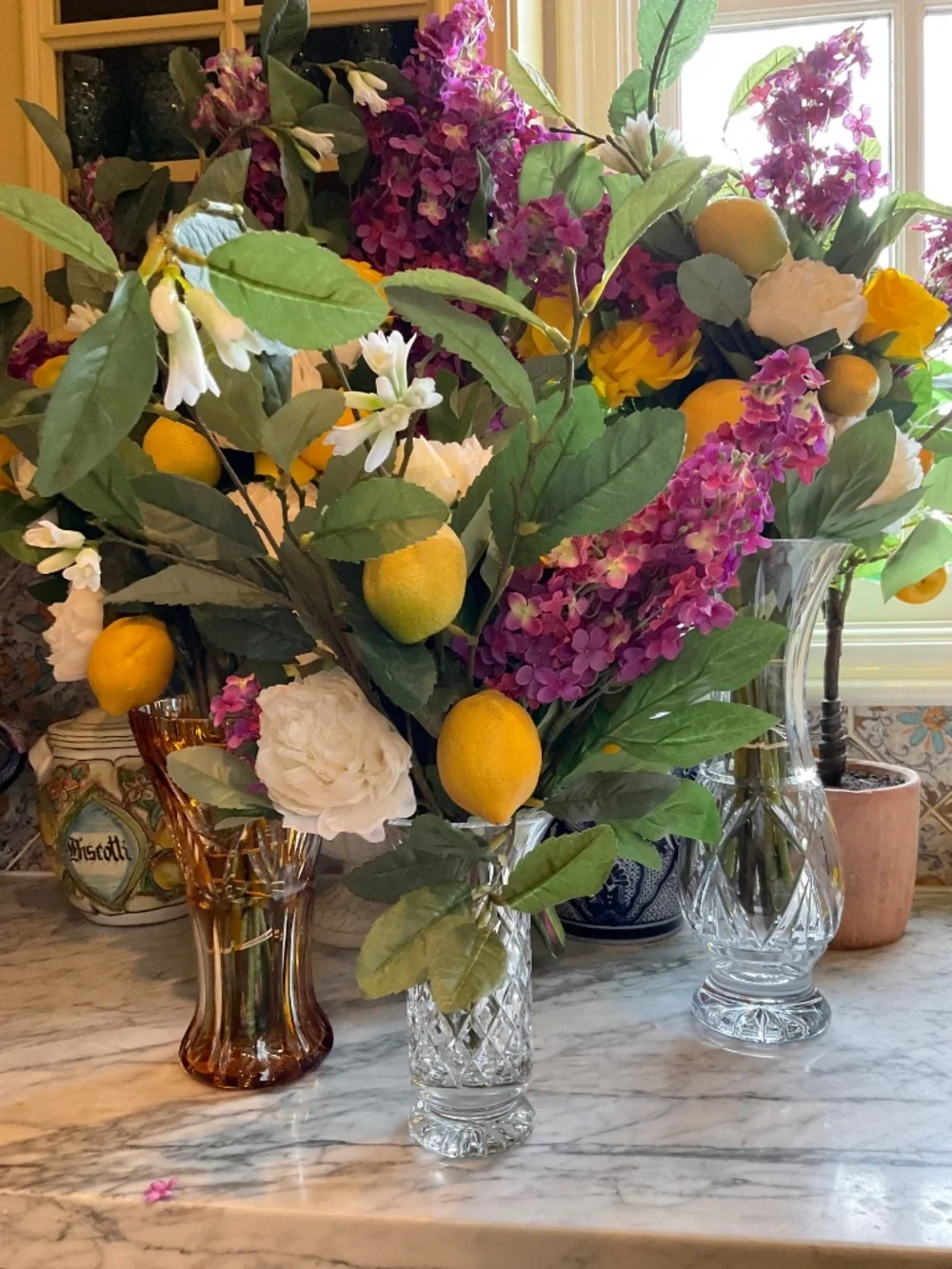 3 faux floral bequests, varying sizes, vases NOT included